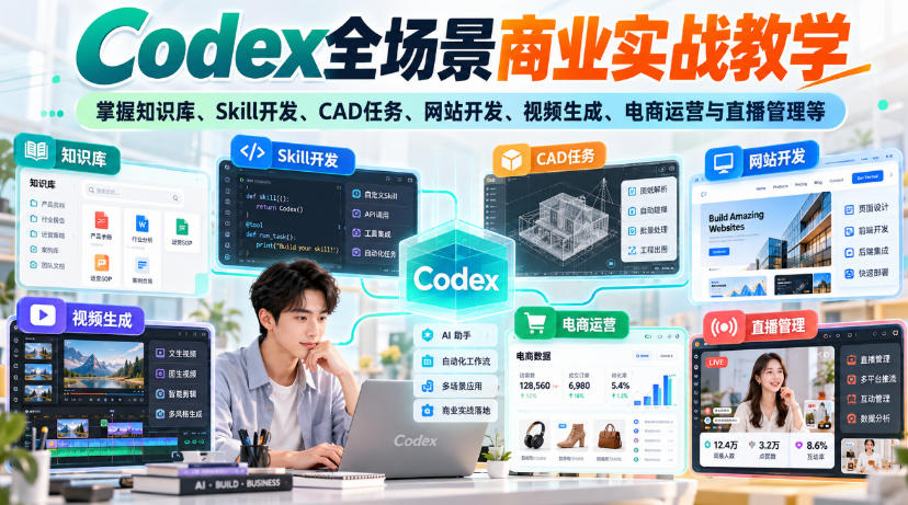 Codex全场景商业实战教学，掌握知识库、Skill开发、CAD任务、网站开发、视频生成、电商运营与直播管理等(更新1010)-轻创终点站