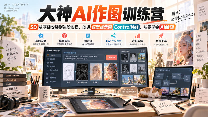 大神AI作图训练营，SD从基础安装到进阶实操，吃透模型提示词ControlNet，从零学会AI绘画-轻创终点站