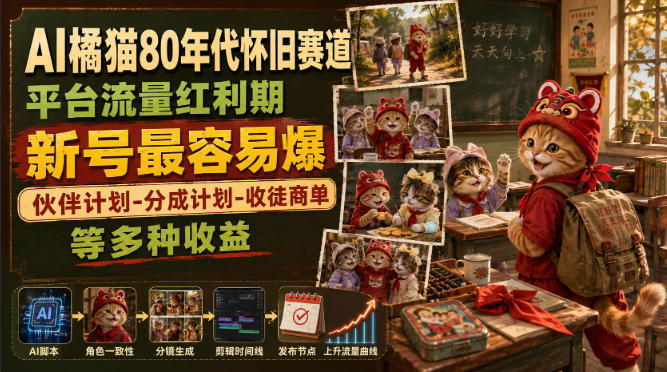 AI橘猫80年代怀旧赛道，平台流量红利期，新号最容易爆，伙伴计划-分成计划-收徒商单等多种收益-轻创终点站