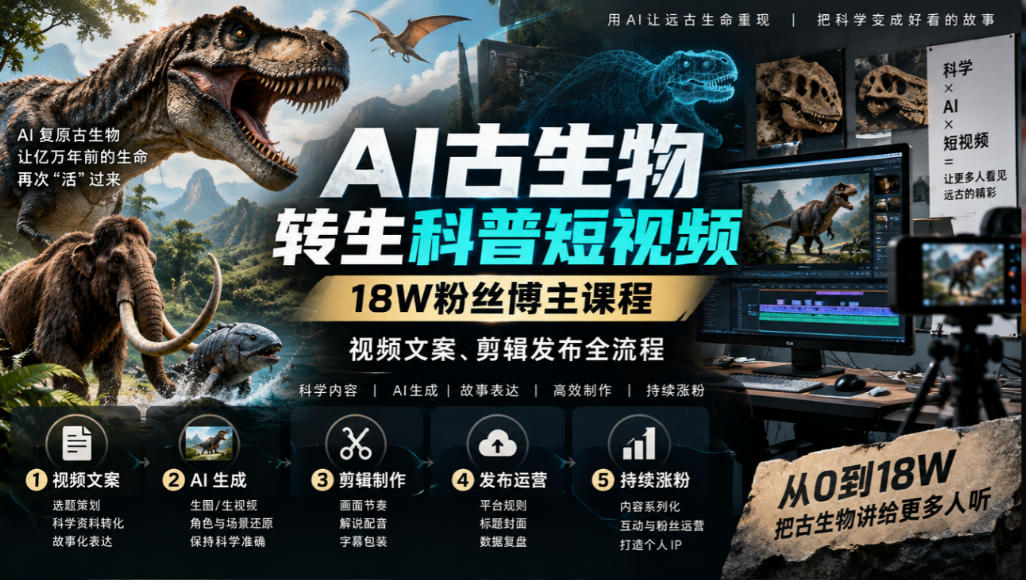 AI古生物转生科普短视频,18W粉丝博主课程,视频文案、剪辑发布全流程-轻创终点站