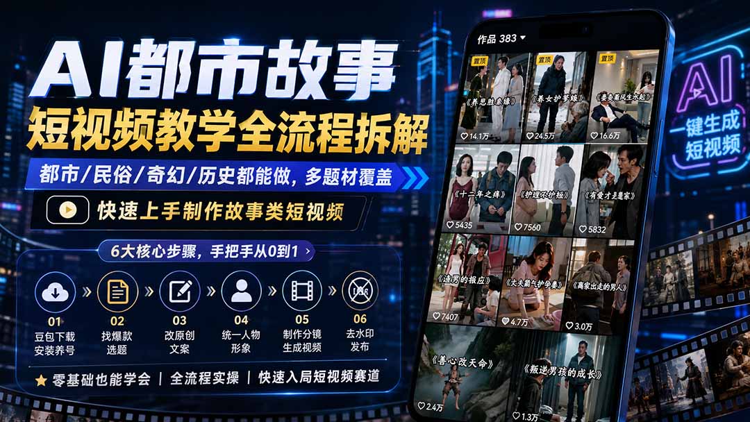 AI都市故事短视频教学全流程拆解；都市/民俗/奇幻/历史都能做多题材覆盖，快速上手制作故事类短视频-轻创终点站