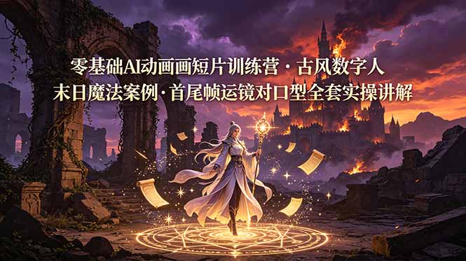 零基础AI动画短片训练营，古风数字人末日魔法案例，首尾帧运镜对口型全套实操讲解-源创文化:轻创终点站