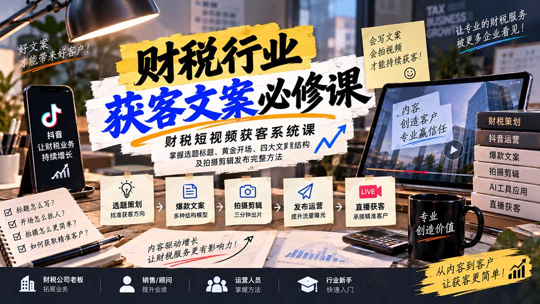 财税短视频获客系统课：掌握选题标题、黄金开场、四大文案结构及拍摄剪辑发布完整方法-轻创终点站