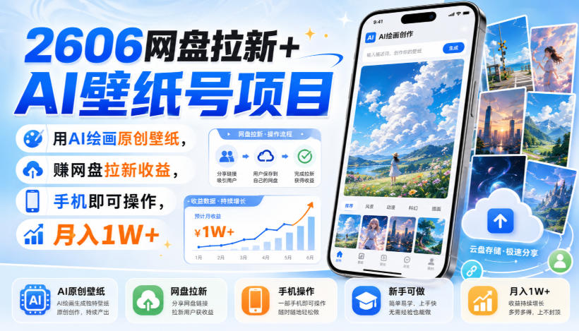 2606网盘拉新+AI壁纸号项目，用AI绘画原创壁纸，賺网盘拉新收益，手机即可操作，月入1W+-轻创终点站