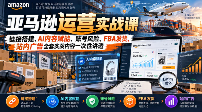 亚马逊运营实战课，链接搭建、AI内容赋能、账号风险、FBA发货、站内广告全套实战内容一次性讲透-轻创终点站