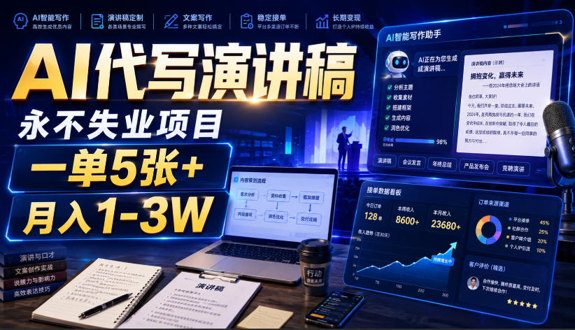 AI代写演讲稿，永不失业项目，一单5张+，月入1-3W【揭秘】-轻创终点站