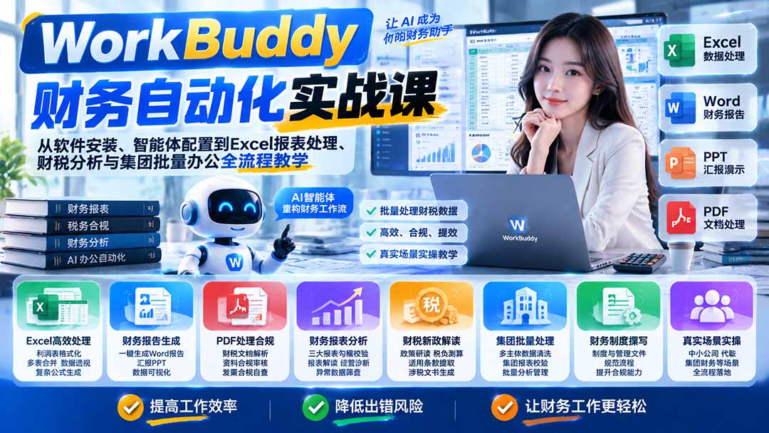 WorkBuddy财务自动化实战课：从软件安装、智能体配置到Excel报表处理、财税分析与集团批量办公全流程教学-轻创终点站
