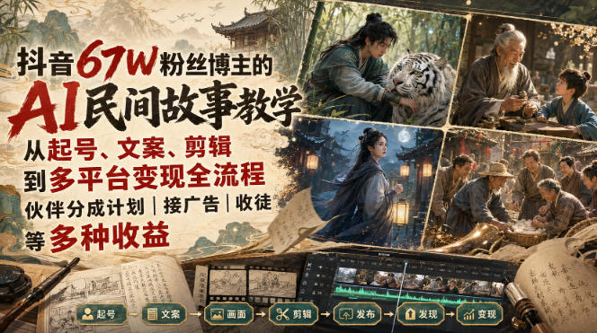 抖音67W粉丝博主的AI民间故事教学，从起号、文案、剪辑到多平台变现全流程，伙伴分成计划接广告等多种收益，月入1W+-轻创终点站