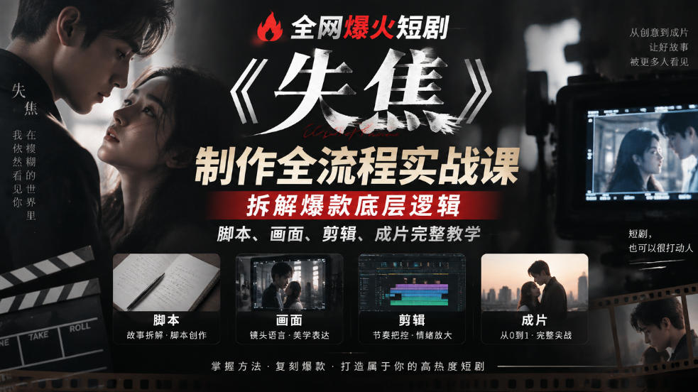 全网爆火短剧《失焦》制作全流程实战课｜拆解爆款底层逻辑，脚本、画面、剪辑、成片完整教学-轻创终点站