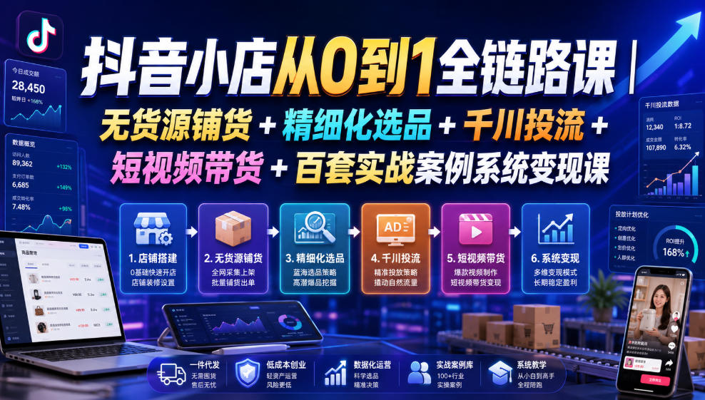 抖音小店从0到1全链路课｜无货源铺货+精细化选品+千川投流+短视频带货+百套实战案例系统变现课(2026年7月更新)-轻创终点站