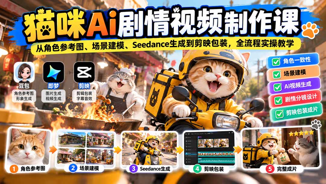 猫咪AI剧情视频制作课：从角色参考图、场景建模、Seedance生成到剪映包装，全流程实操教学-轻创终点站