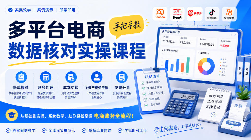 多平台电商数据核对实操课程，手把手教账单核对、账务处理、成本结转、个体户税务申报与发票开具-轻创终点站